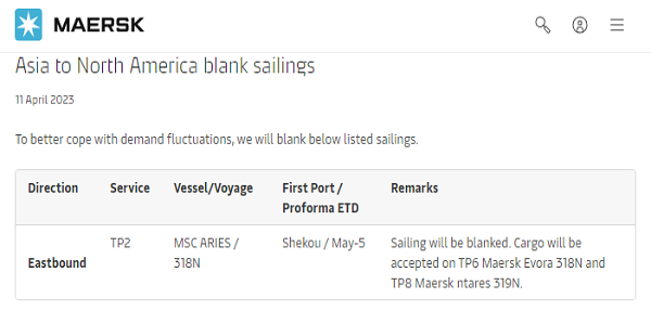 马士基(MSK)一跨太平洋航线停航-将取消TP2航线MSCARIES/318N航次
